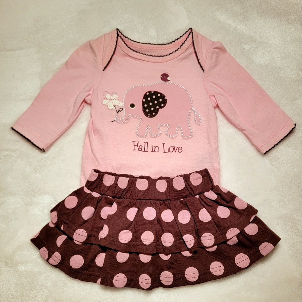 MINIVILLE ♡ Pink|Brown FALL IN LOVE Elephant Bodysuit w/Polka Dot Mini Skirt 3M